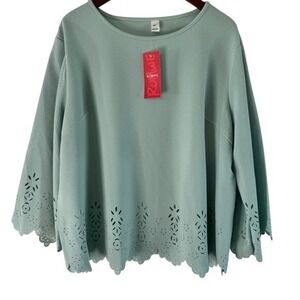 Laser Cut Blouse Womens 3XL Plus Size Top 3/4 Sleeve Mint Green